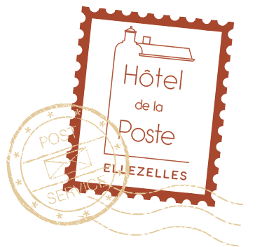 Logo de l'hôtel de la poste dans un timbre et avec un cachet contenant une enveloppe